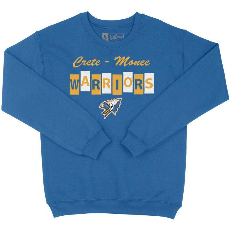Crete-Monee Warriors Block Crewneck royal blue crewneck sweatshirt with block letter design