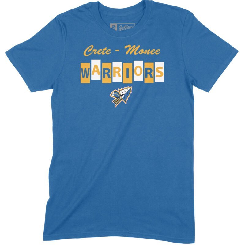 Crete-Monee Warriors Block Short Sleeve royal blue long sleeve shirt with block letter design