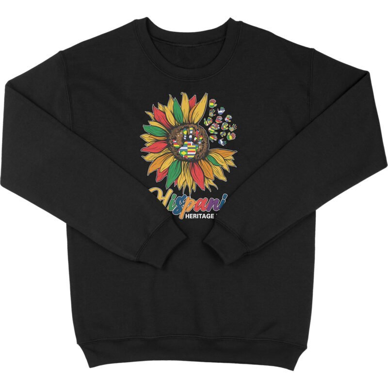 Hispanic Heritage Sunflower Crew Black Crewneck Sweatshirt with Colorful Cultural Design
