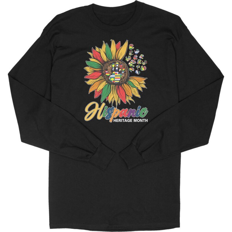 Hispanic Heritage Sunflower Long Tee Black Short Sleeve T-Shirt with Colorful Cultural Design