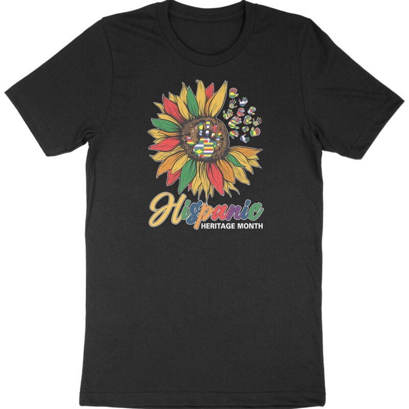 Hispanic Heritage Sunflower Tee Black Short Sleeve T-Shirt with Colorful Cultural Design