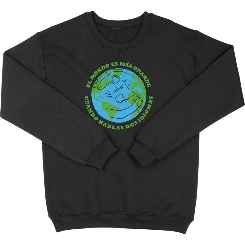 Hispanic Heritage El Mundo Crew Black Crewneck Sweatshirt with Bilingual Earth Design