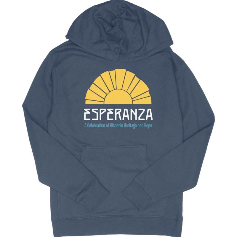 Hispanic Heritage Esperanza Hoodie Navy Pullover with Golden Sun and Hope Message