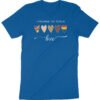 Royal blue teacher shirt with five colorful hearts — autism puzzle, skin tones, and pride flag — and text ‘I Promise to Teach Love