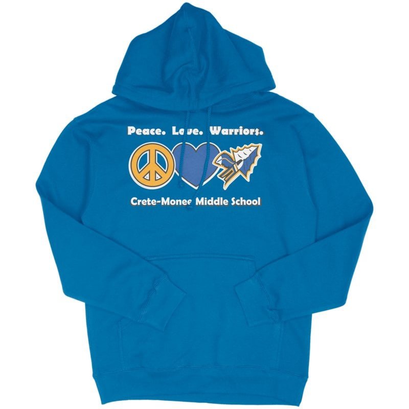 Peace Love Warriors cmms Hoodie royal Pullover with Crete-Monee Middle School Spirit Design