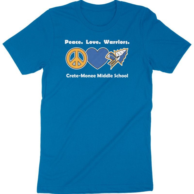 Peace Love Warriors cmms Tee Royal T-Shirt with Crete-Monee Middle School Spirit Design