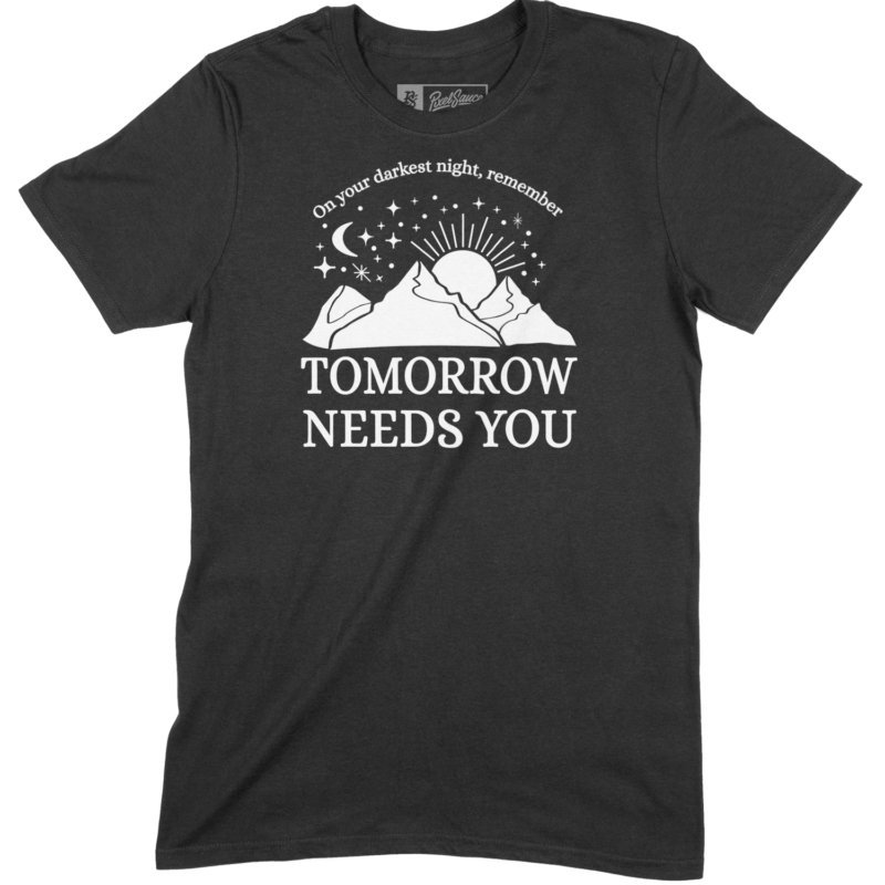 Black short sleeve t-shirt with "Tomorrow Needs You tee" mountain design